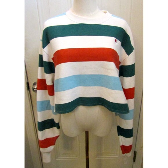 Champion & UO Cropped Sweatshirt Reverse Weave Striped Oversized Womens Size M - Picture 2 of 10
